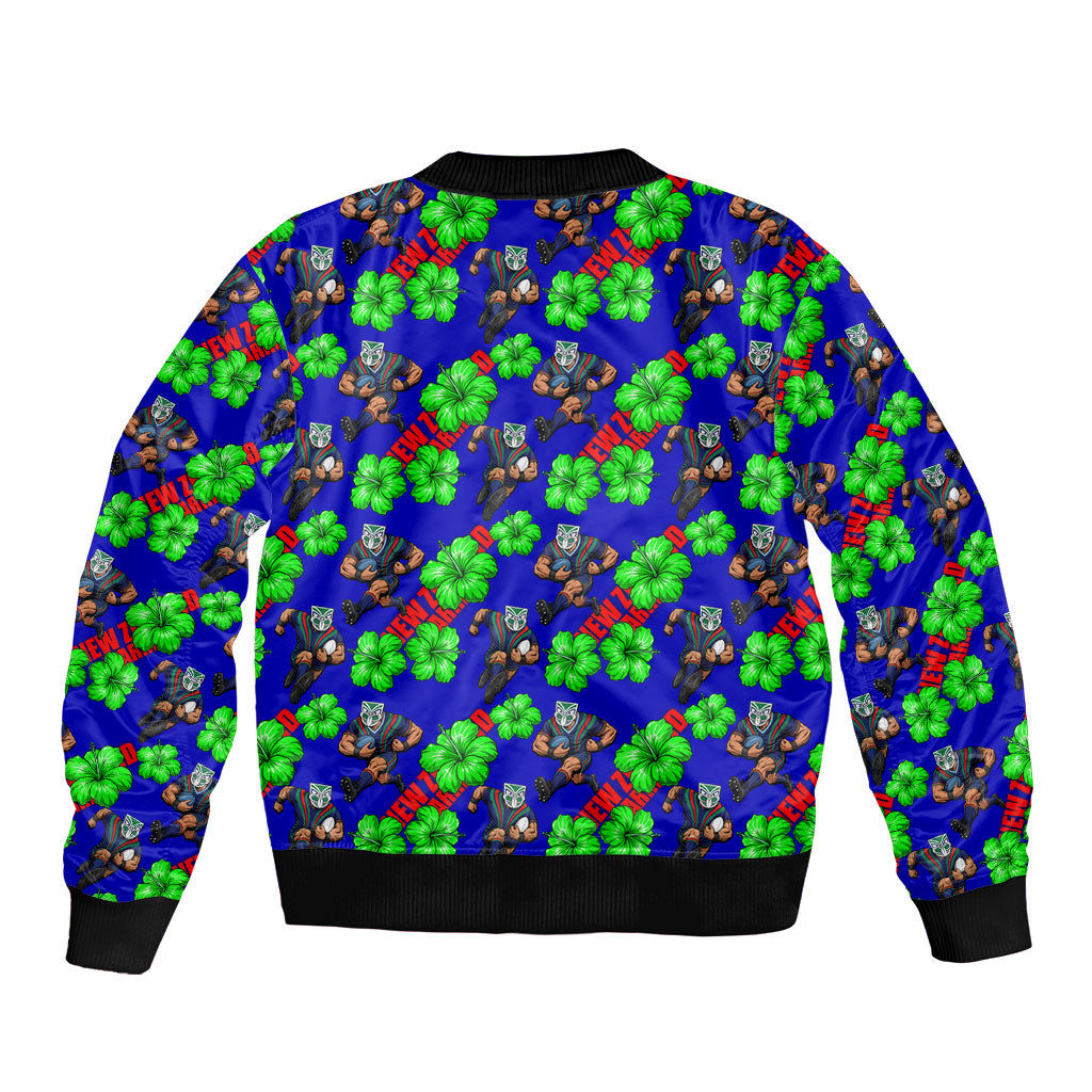 New Zealand Warriors Bomber Jacket Tropical Hibiscus Floral Seamless Rugby Mascot