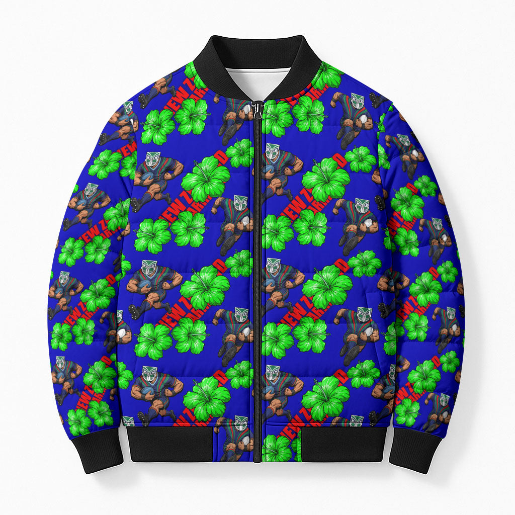 New Zealand Warriors Bomber Puffer Jacket Tropical Hibiscus Floral Seamless Rugby Mascot