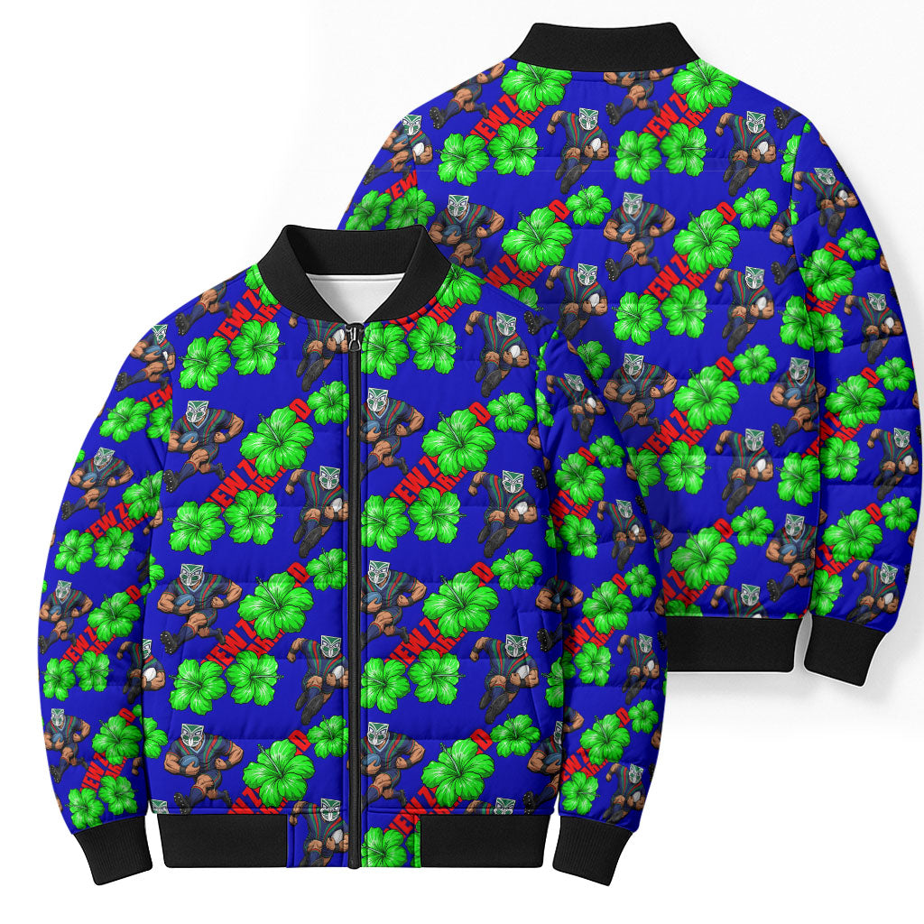 New Zealand Warriors Bomber Puffer Jacket Tropical Hibiscus Floral Seamless Rugby Mascot