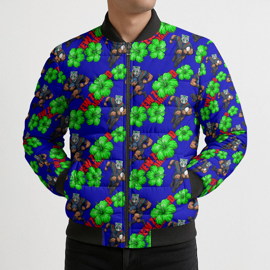 New Zealand Warriors Bomber Puffer Jacket Tropical Hibiscus Floral Seamless Rugby Mascot