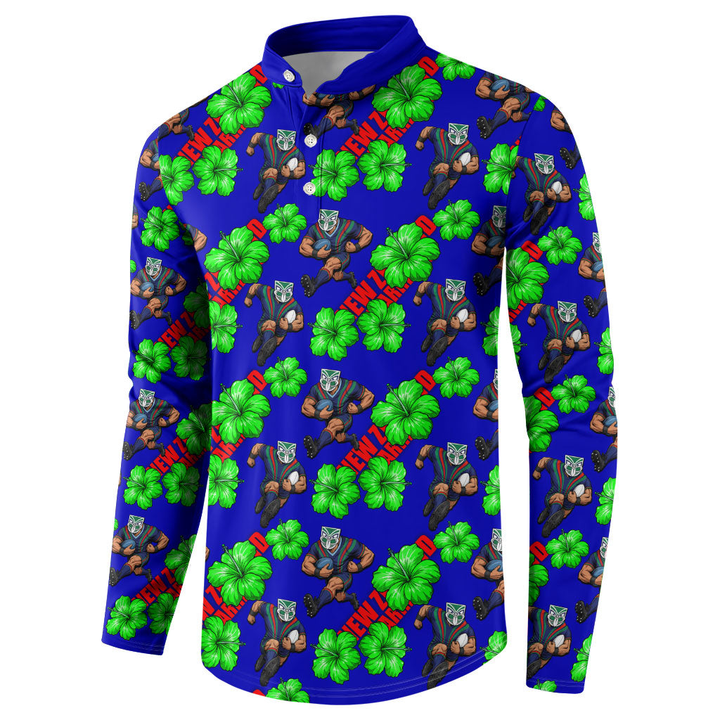 New Zealand Warriors Button Sweatshirt Tropical Hibiscus Floral Seamless Rugby Mascot