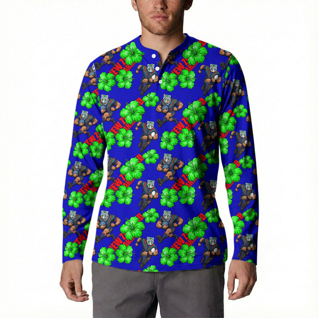 New Zealand Warriors Button Sweatshirt Tropical Hibiscus Floral Seamless Rugby Mascot