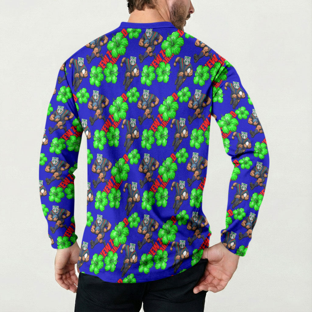 New Zealand Warriors Button Sweatshirt Tropical Hibiscus Floral Seamless Rugby Mascot