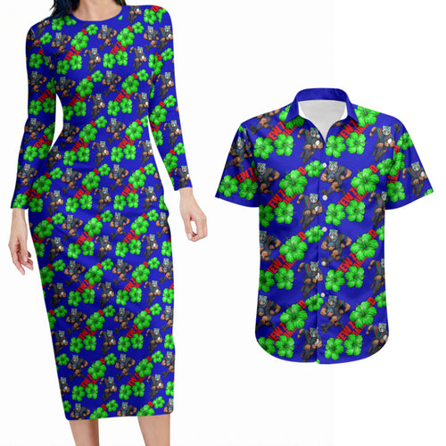 New Zealand Warriors Couples Matching Long Sleeve Bodycon Dress and Hawaiian Shirt Tropical Hibiscus Floral Seamless Rugby Mascot