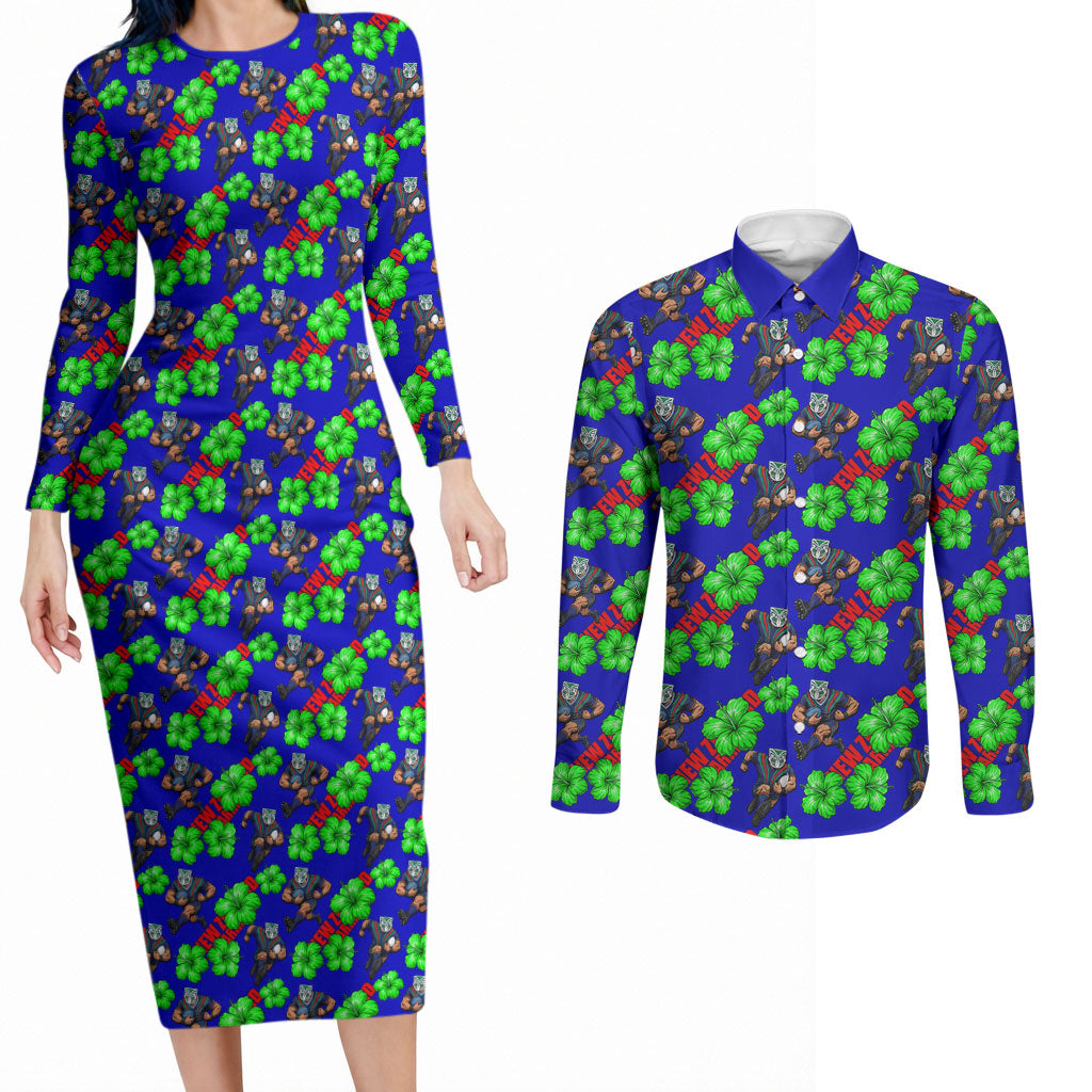 New Zealand Warriors Couples Matching Long Sleeve Bodycon Dress and Long Sleeve Button Shirt Tropical Hibiscus Floral Seamless Rugby Mascot