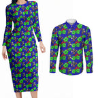 New Zealand Warriors Couples Matching Long Sleeve Bodycon Dress and Long Sleeve Button Shirt Tropical Hibiscus Floral Seamless Rugby Mascot