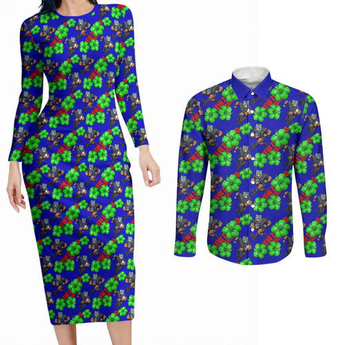 New Zealand Warriors Couples Matching Long Sleeve Bodycon Dress and Long Sleeve Button Shirt Tropical Hibiscus Floral Seamless Rugby Mascot