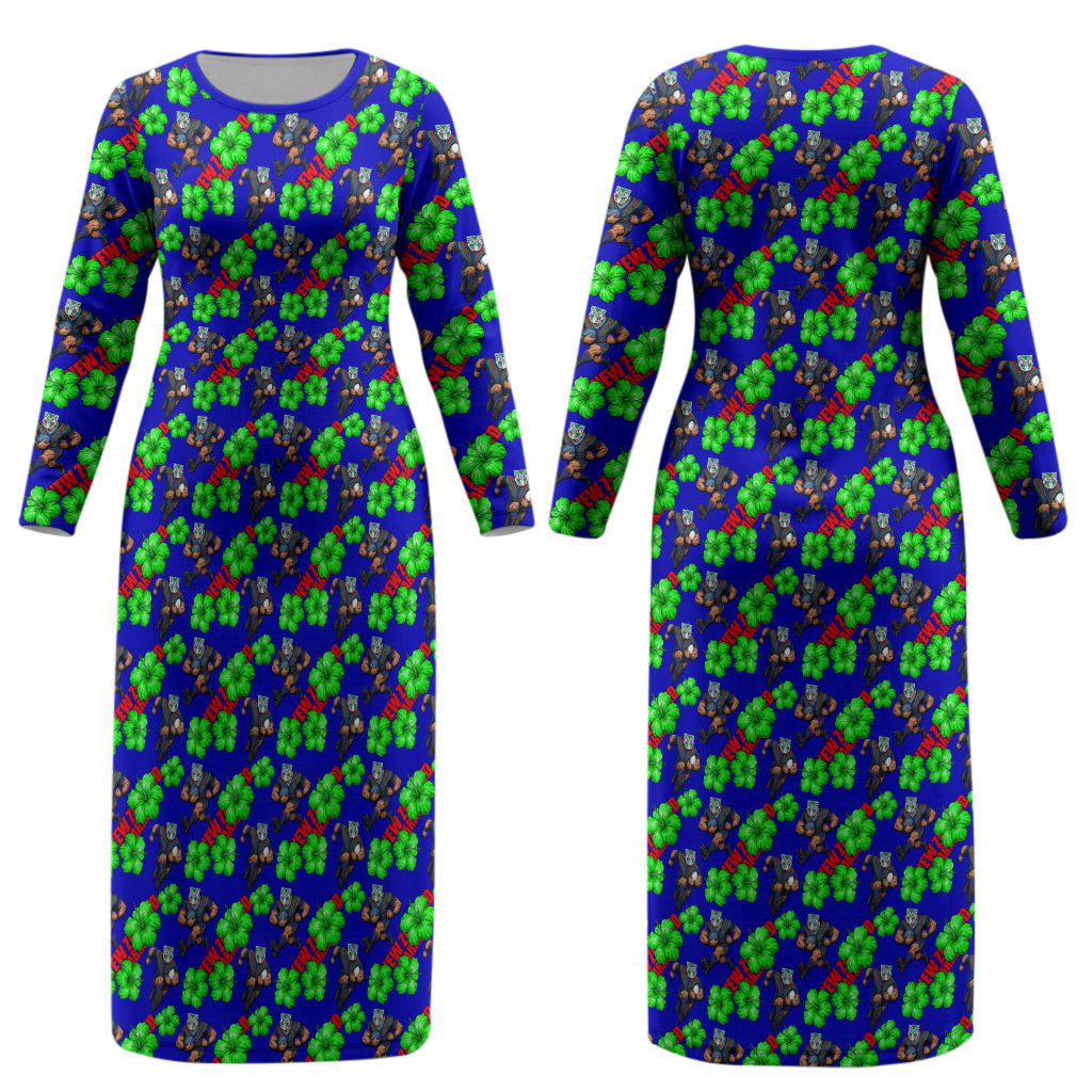 New Zealand Warriors Couples Matching Long Sleeve Bodycon Dress and Long Sleeve Button Shirt Tropical Hibiscus Floral Seamless Rugby Mascot