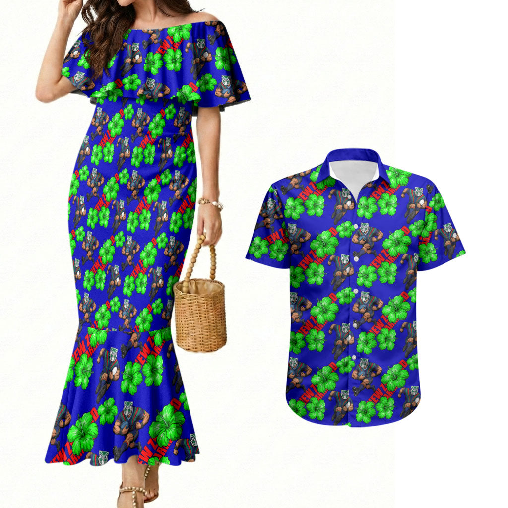 New Zealand Warriors Couples Matching Mermaid Dress and Hawaiian Shirt Tropical Hibiscus Floral Seamless Rugby Mascot