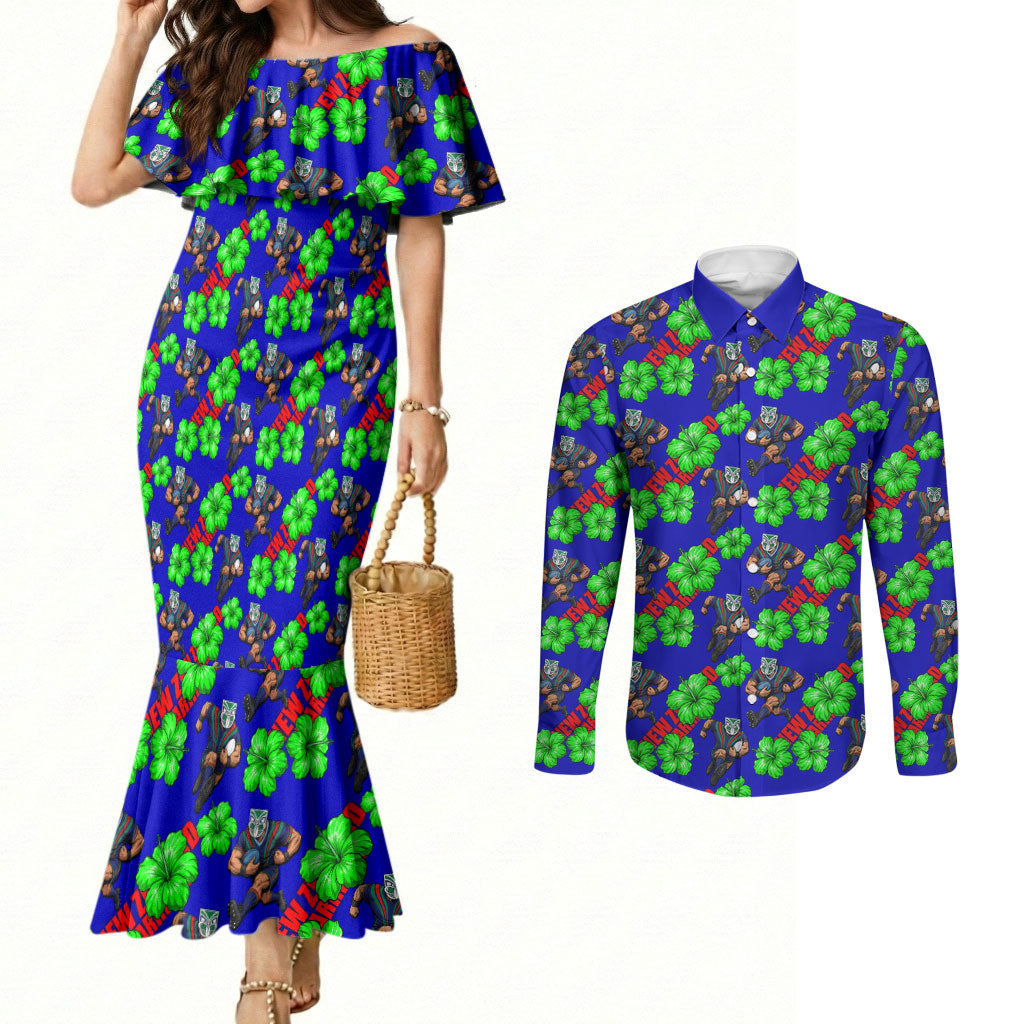 New Zealand Warriors Couples Matching Mermaid Dress and Long Sleeve Button Shirt Tropical Hibiscus Floral Seamless Rugby Mascot