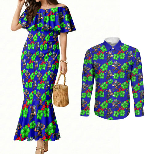 New Zealand Warriors Couples Matching Mermaid Dress and Long Sleeve Button Shirt Tropical Hibiscus Floral Seamless Rugby Mascot