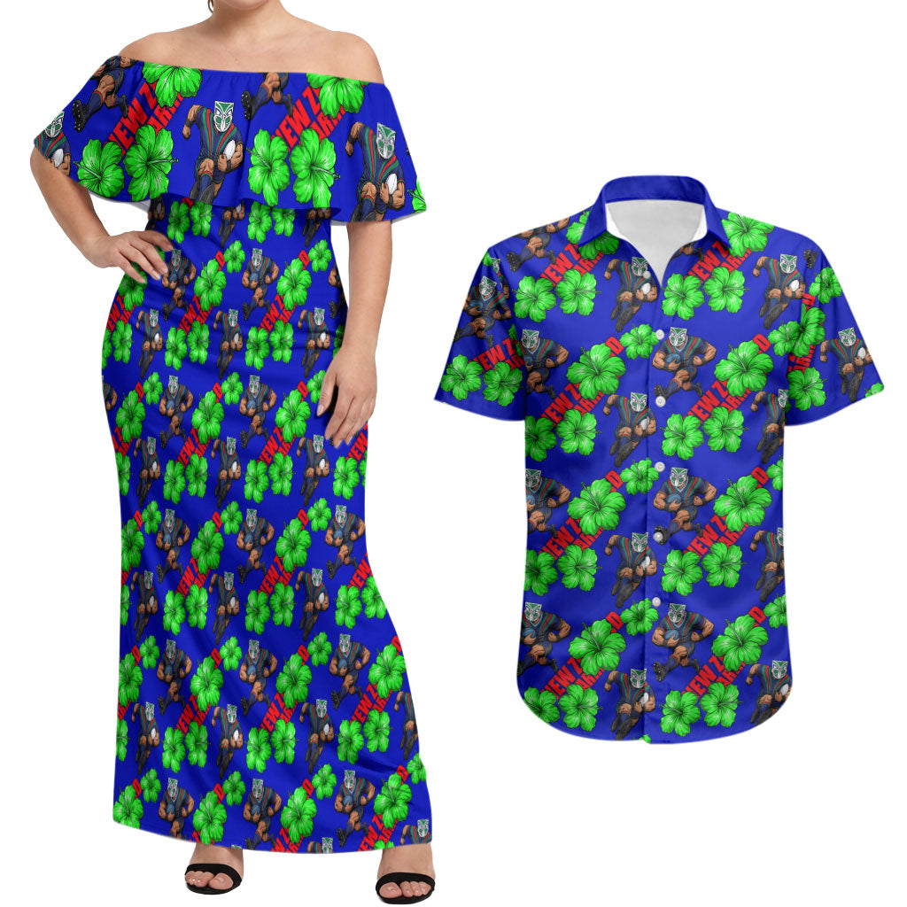 New Zealand Warriors Couples Matching Off Shoulder Maxi Dress and Hawaiian Shirt Tropical Hibiscus Floral Seamless Rugby Mascot
