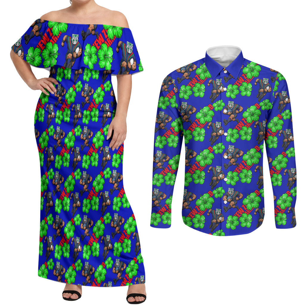 New Zealand Warriors Couples Matching Off Shoulder Maxi Dress and Long Sleeve Button Shirt Tropical Hibiscus Floral Seamless Rugby Mascot