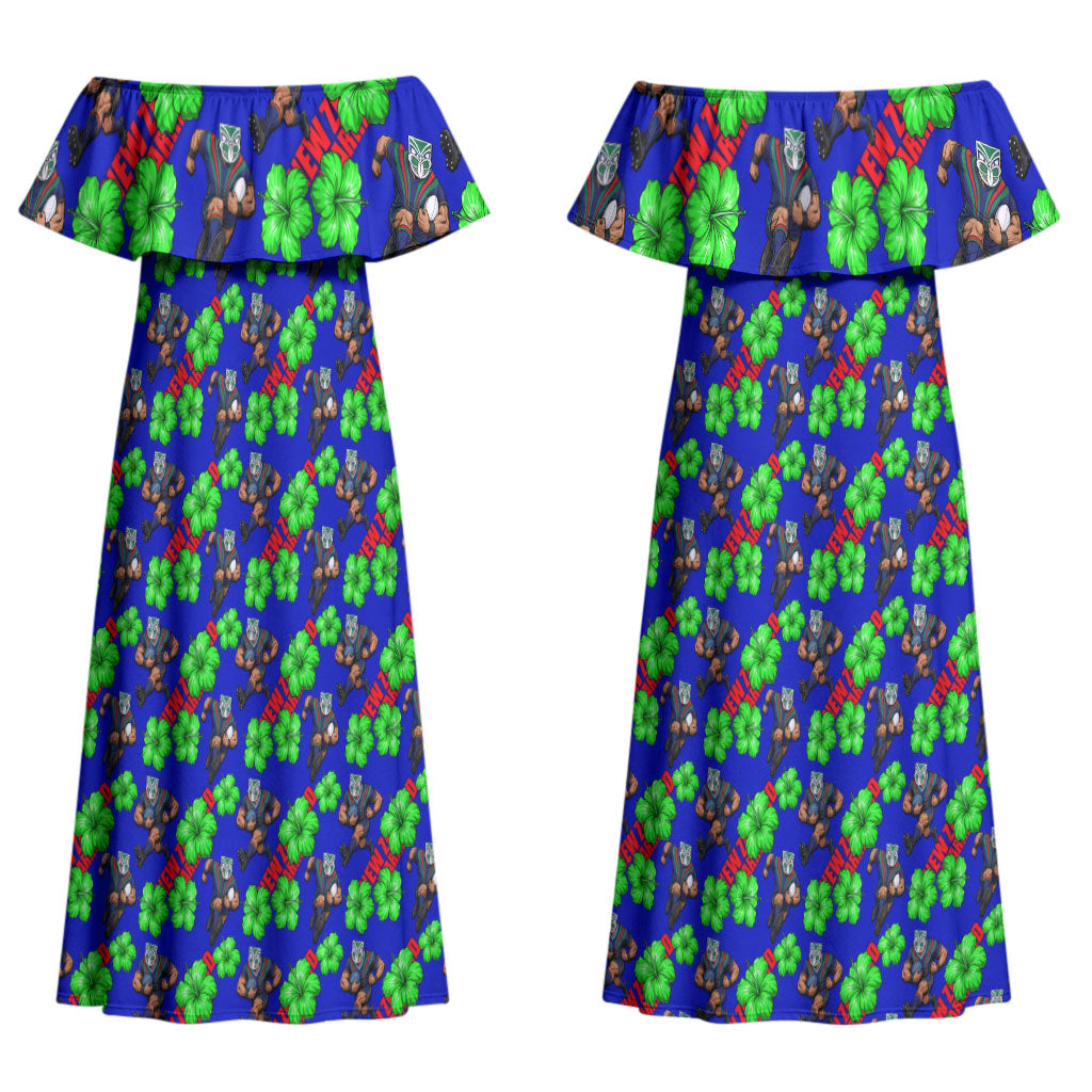 New Zealand Warriors Couples Matching Off Shoulder Maxi Dress and Long Sleeve Button Shirt Tropical Hibiscus Floral Seamless Rugby Mascot