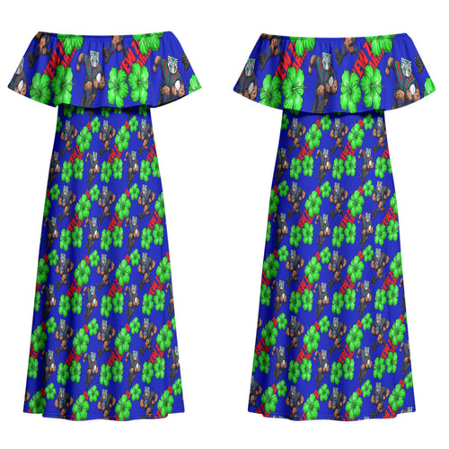 New Zealand Warriors Couples Matching Off Shoulder Maxi Dress and Long Sleeve Button Shirt Tropical Hibiscus Floral Seamless Rugby Mascot