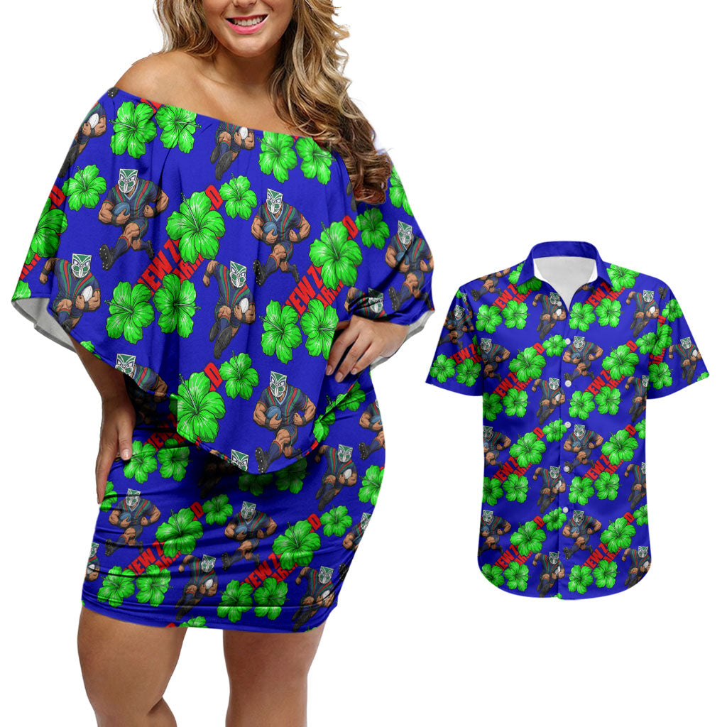 New Zealand Warriors Couples Matching Off Shoulder Short Dress and Hawaiian Shirt Tropical Hibiscus Floral Seamless Rugby Mascot
