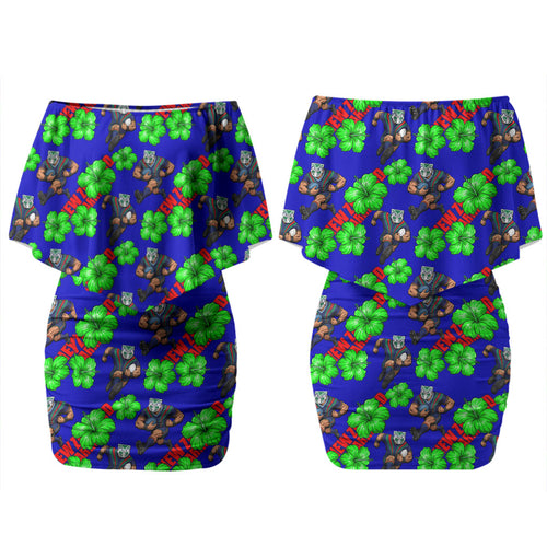 New Zealand Warriors Couples Matching Off Shoulder Short Dress and Hawaiian Shirt Tropical Hibiscus Floral Seamless Rugby Mascot