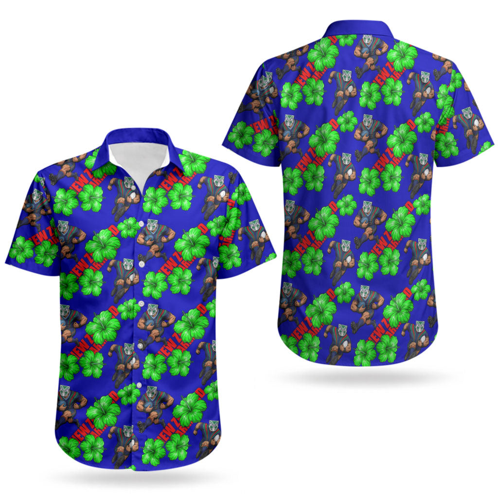 New Zealand Warriors Couples Matching Off Shoulder Short Dress and Hawaiian Shirt Tropical Hibiscus Floral Seamless Rugby Mascot