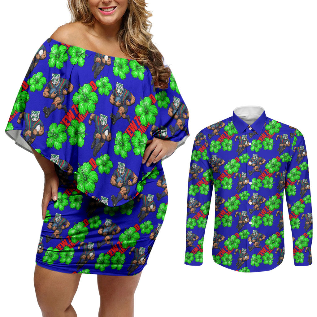 New Zealand Warriors Couples Matching Off Shoulder Short Dress and Long Sleeve Button Shirt Tropical Hibiscus Floral Seamless Rugby Mascot