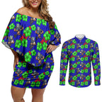 New Zealand Warriors Couples Matching Off Shoulder Short Dress and Long Sleeve Button Shirt Tropical Hibiscus Floral Seamless Rugby Mascot