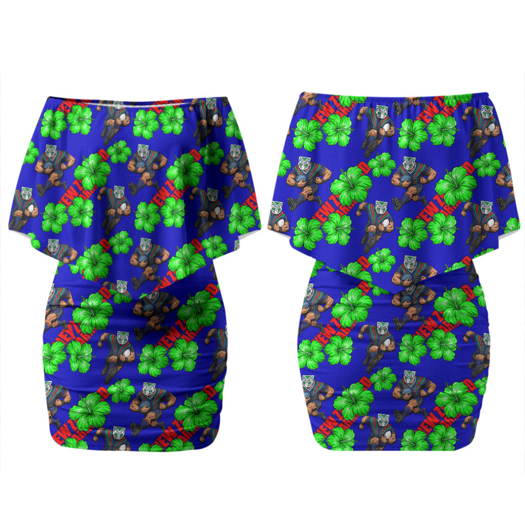 New Zealand Warriors Couples Matching Off Shoulder Short Dress and Long Sleeve Button Shirt Tropical Hibiscus Floral Seamless Rugby Mascot