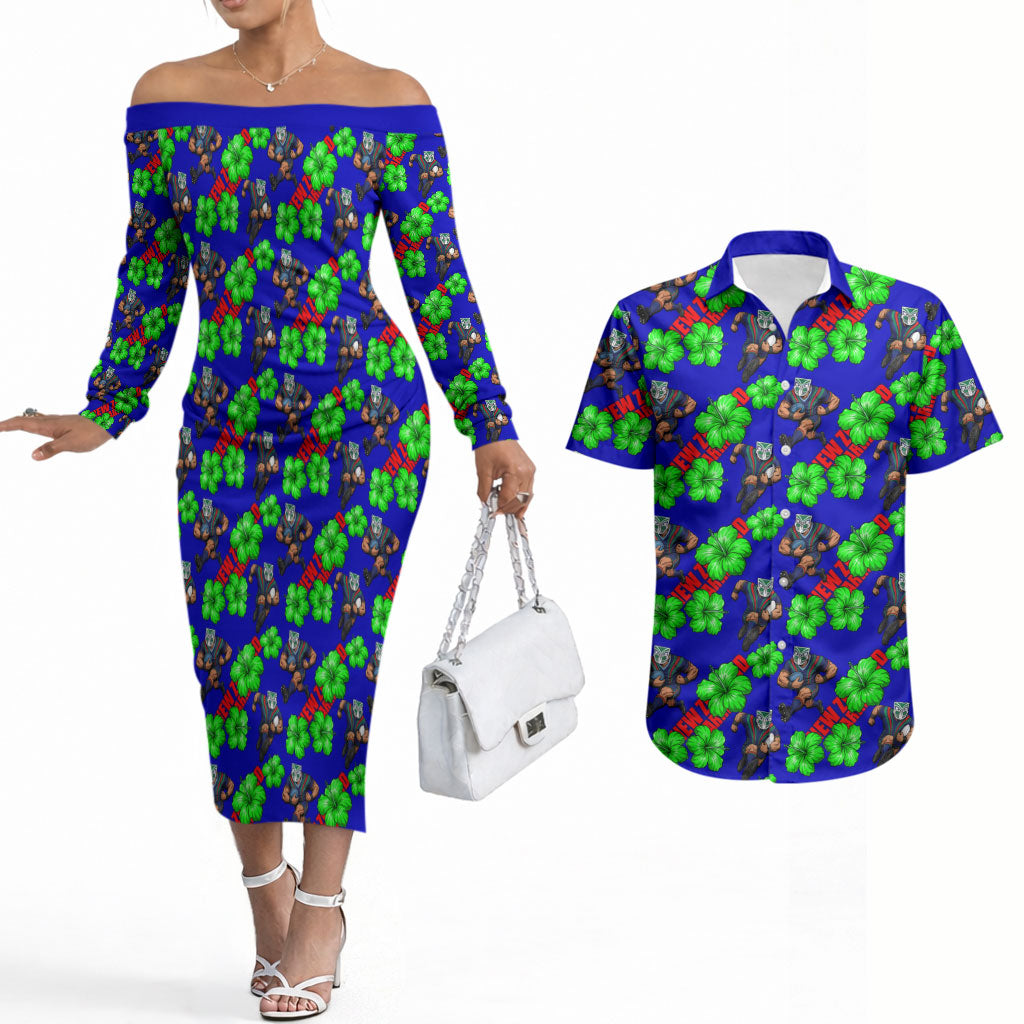New Zealand Warriors Couples Matching Off The Shoulder Long Sleeve Dress and Hawaiian Shirt Tropical Hibiscus Floral Seamless Rugby Mascot