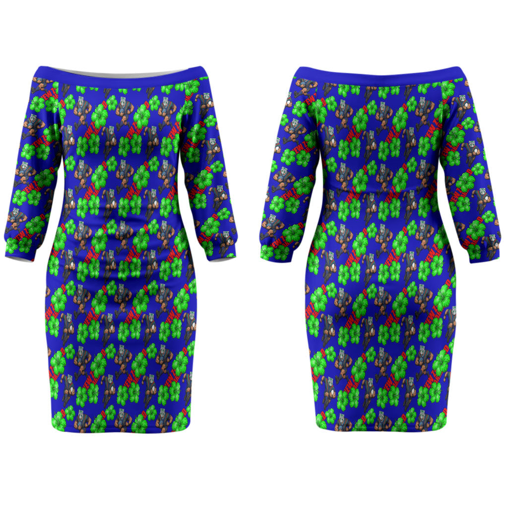 New Zealand Warriors Couples Matching Off The Shoulder Long Sleeve Dress and Hawaiian Shirt Tropical Hibiscus Floral Seamless Rugby Mascot