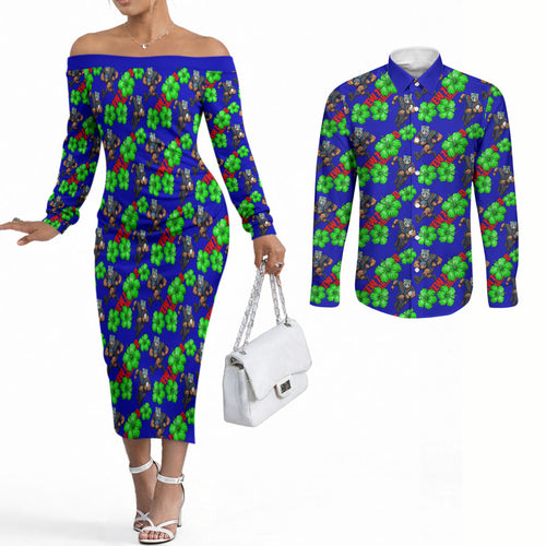New Zealand Warriors Couples Matching Off The Shoulder Long Sleeve Dress and Long Sleeve Button Shirt Tropical Hibiscus Floral Seamless Rugby Mascot