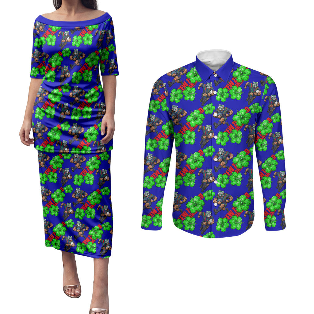 New Zealand Warriors Couples Matching Puletasi and Long Sleeve Button Shirt Tropical Hibiscus Floral Seamless Rugby Mascot