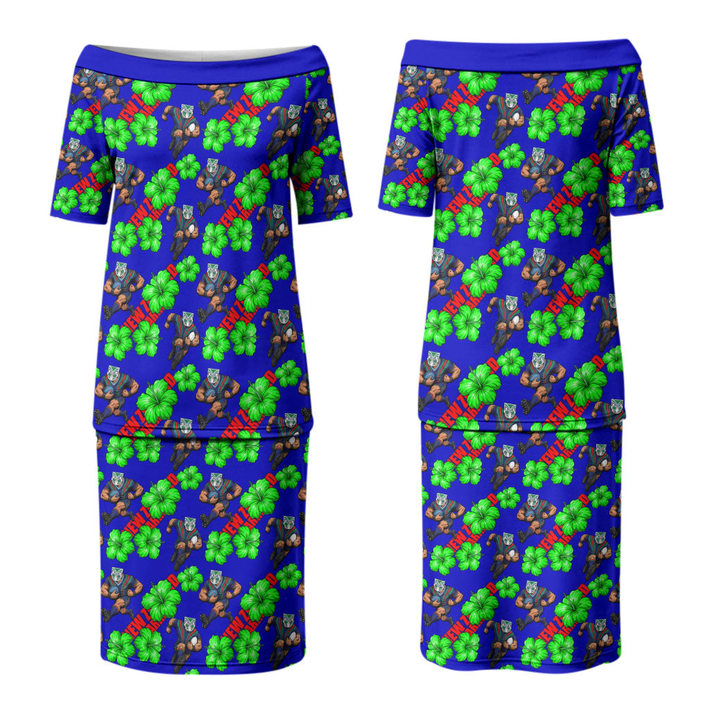 New Zealand Warriors Couples Matching Puletasi and Long Sleeve Button Shirt Tropical Hibiscus Floral Seamless Rugby Mascot