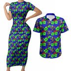 New Zealand Warriors Couples Matching Short Sleeve Bodycon Dress and Hawaiian Shirt Tropical Hibiscus Floral Seamless Rugby Mascot