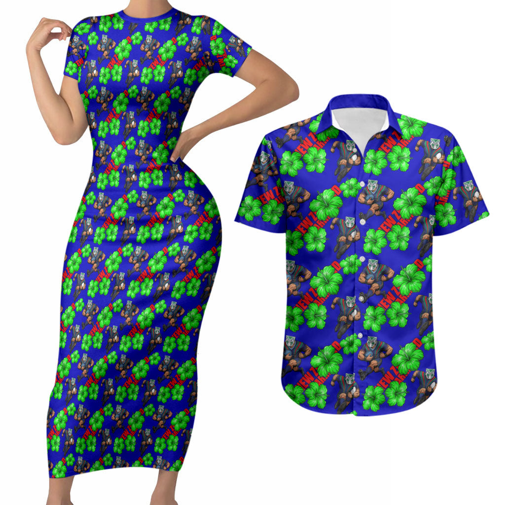 New Zealand Warriors Couples Matching Short Sleeve Bodycon Dress and Hawaiian Shirt Tropical Hibiscus Floral Seamless Rugby Mascot