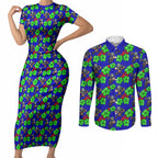 New Zealand Warriors Couples Matching Short Sleeve Bodycon Dress and Long Sleeve Button Shirt Tropical Hibiscus Floral Seamless Rugby Mascot