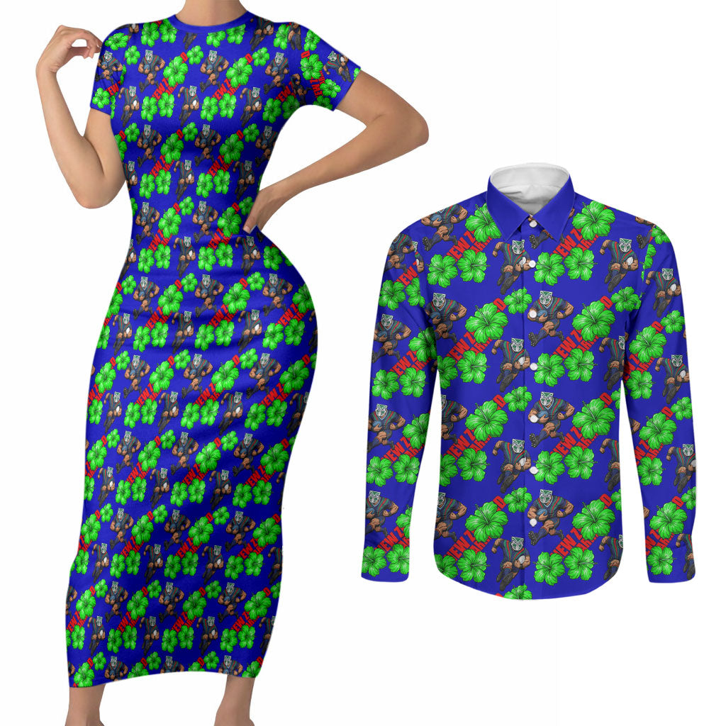 New Zealand Warriors Couples Matching Short Sleeve Bodycon Dress and Long Sleeve Button Shirt Tropical Hibiscus Floral Seamless Rugby Mascot