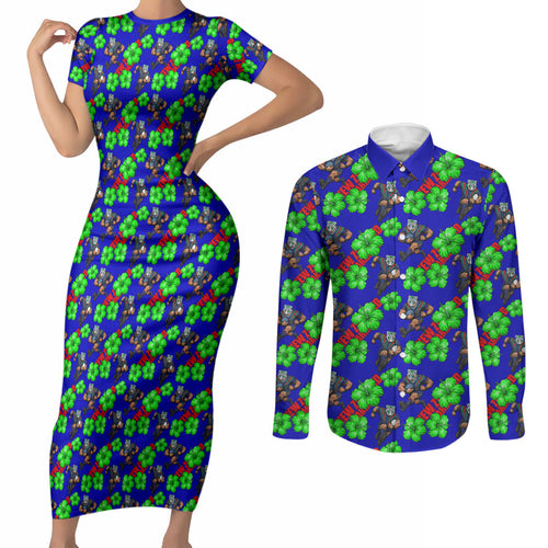 New Zealand Warriors Couples Matching Short Sleeve Bodycon Dress and Long Sleeve Button Shirt Tropical Hibiscus Floral Seamless Rugby Mascot