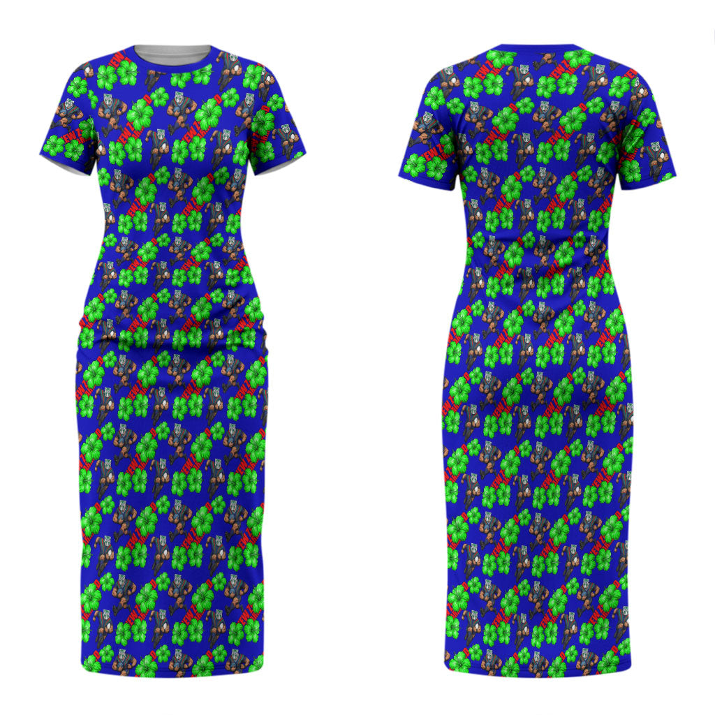 New Zealand Warriors Couples Matching Short Sleeve Bodycon Dress and Long Sleeve Button Shirt Tropical Hibiscus Floral Seamless Rugby Mascot