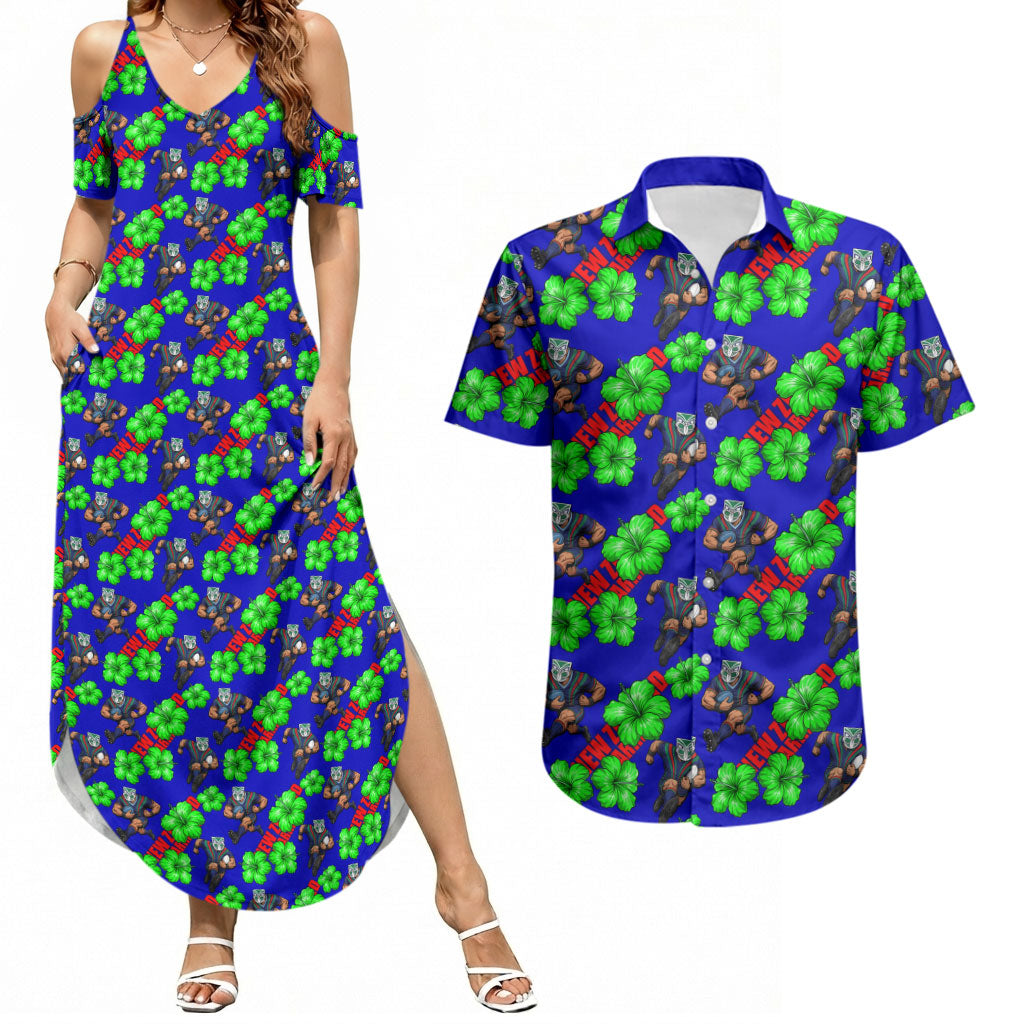 New Zealand Warriors Couples Matching Summer Maxi Dress and Hawaiian Shirt Tropical Hibiscus Floral Seamless Rugby Mascot