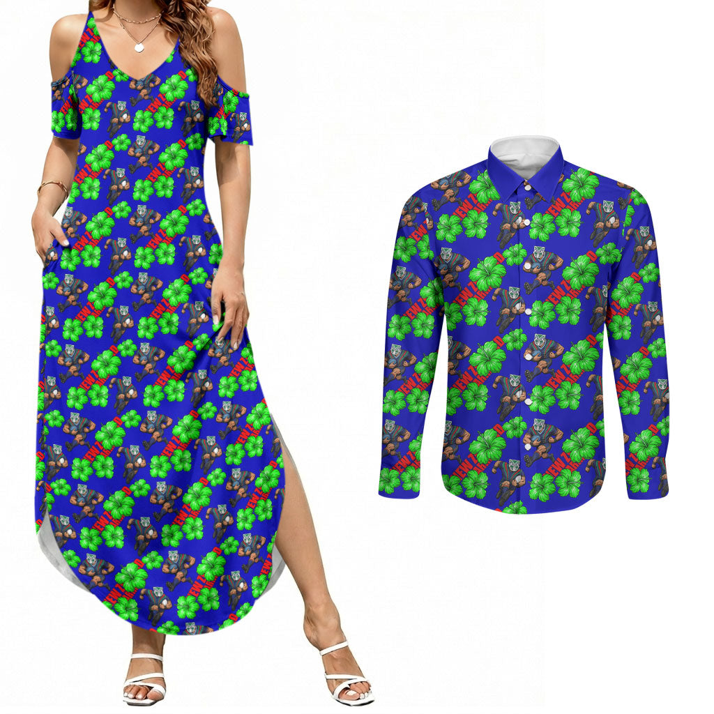 New Zealand Warriors Couples Matching Summer Maxi Dress and Long Sleeve Button Shirt Tropical Hibiscus Floral Seamless Rugby Mascot