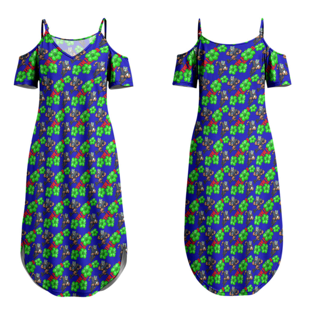 New Zealand Warriors Couples Matching Summer Maxi Dress and Long Sleeve Button Shirt Tropical Hibiscus Floral Seamless Rugby Mascot