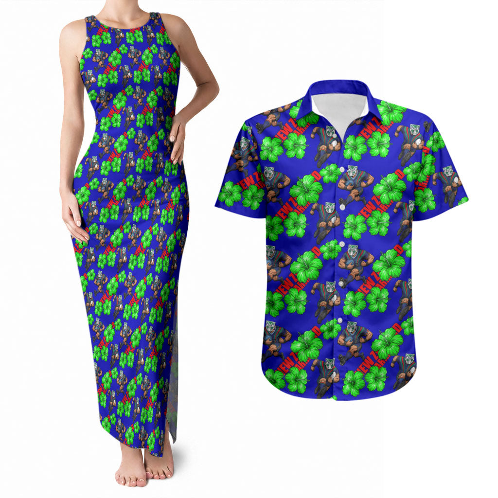 New Zealand Warriors Couples Matching Tank Maxi Dress and Hawaiian Shirt Tropical Hibiscus Floral Seamless Rugby Mascot