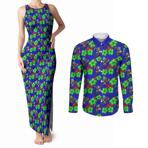 New Zealand Warriors Couples Matching Tank Maxi Dress and Long Sleeve Button Shirt Tropical Hibiscus Floral Seamless Rugby Mascot