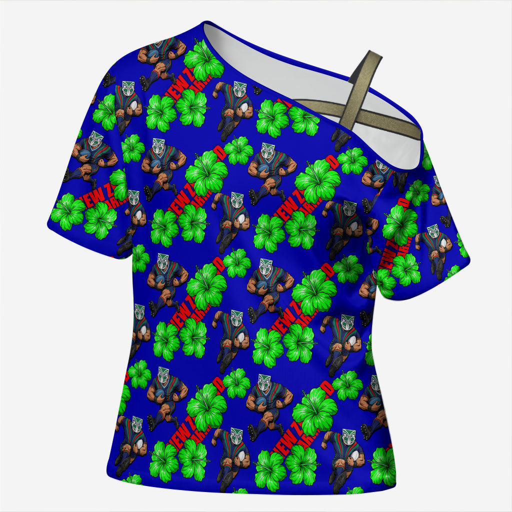 New Zealand Warriors Cross Shoulder Shirt Tropical Hibiscus Floral Seamless Rugby Mascot