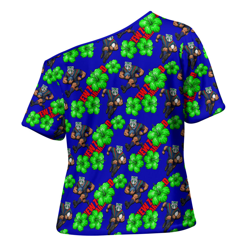 New Zealand Warriors Cross Shoulder Shirt Tropical Hibiscus Floral Seamless Rugby Mascot