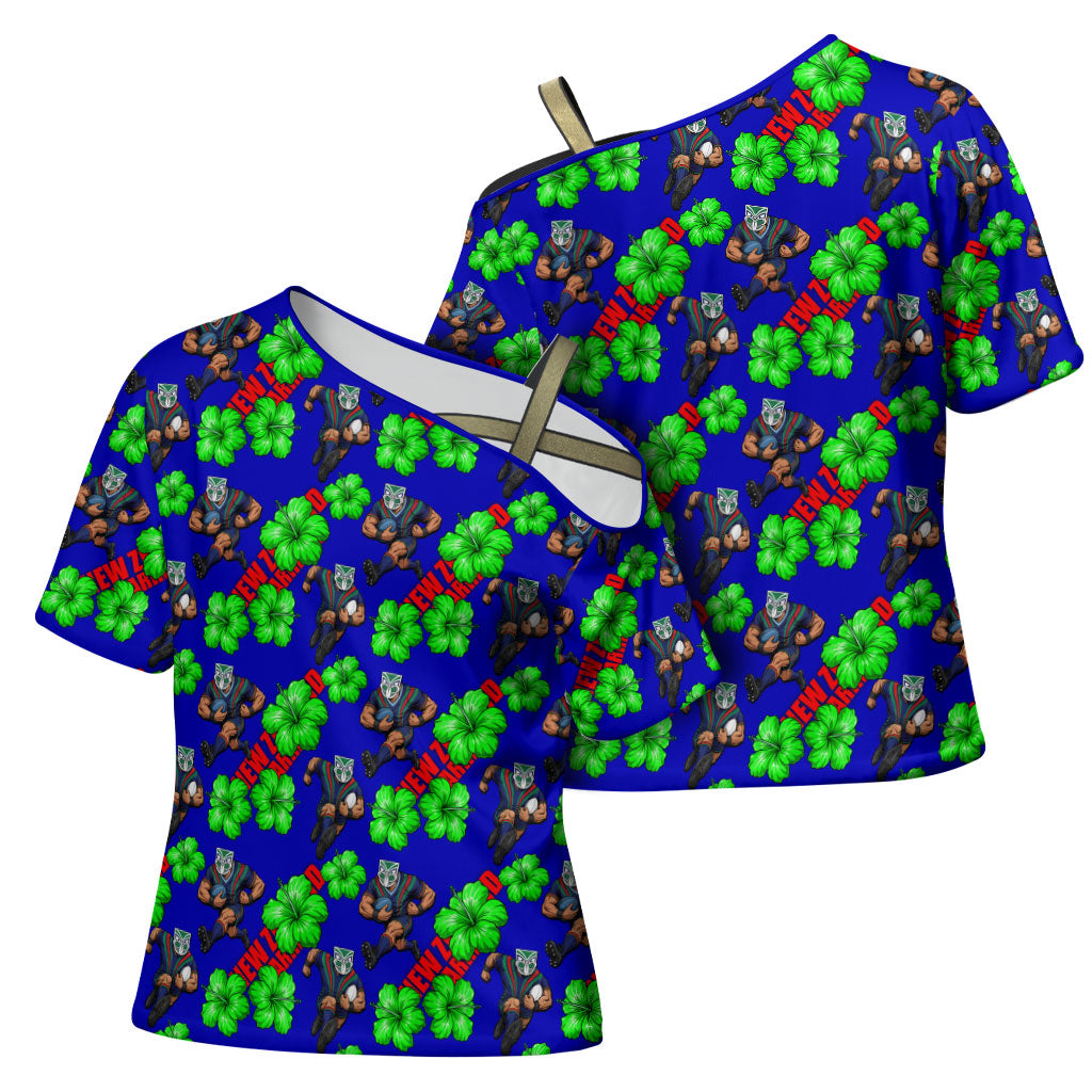 New Zealand Warriors Cross Shoulder Shirt Tropical Hibiscus Floral Seamless Rugby Mascot