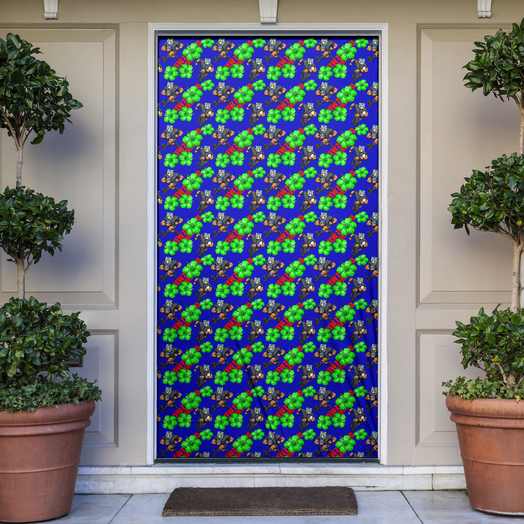 New Zealand Warriors Door Cover Tropical Hibiscus Floral Seamless Rugby Mascot