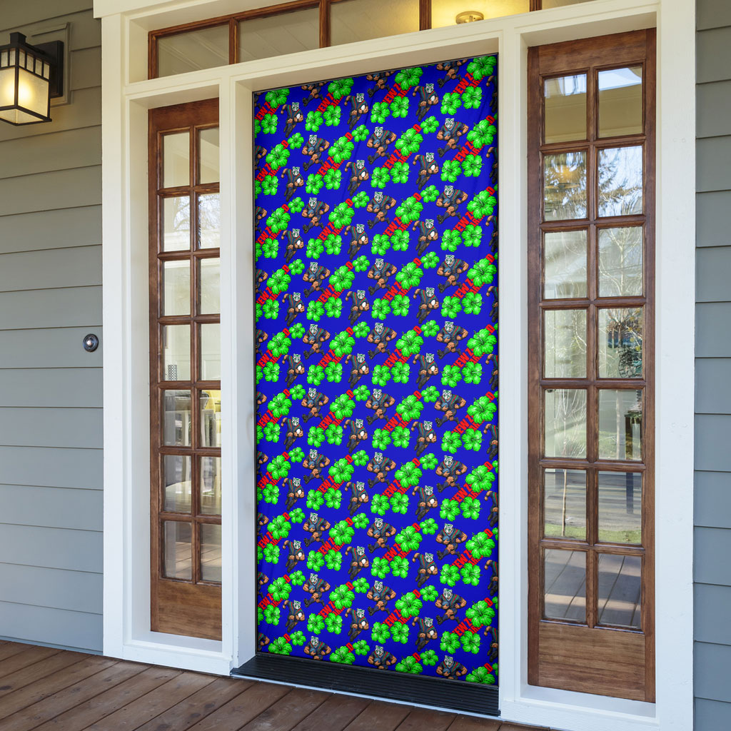 New Zealand Warriors Door Cover Tropical Hibiscus Floral Seamless Rugby Mascot