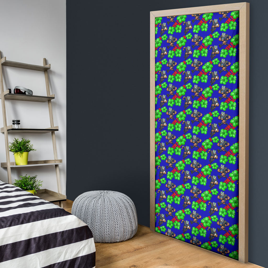 New Zealand Warriors Door Cover Tropical Hibiscus Floral Seamless Rugby Mascot