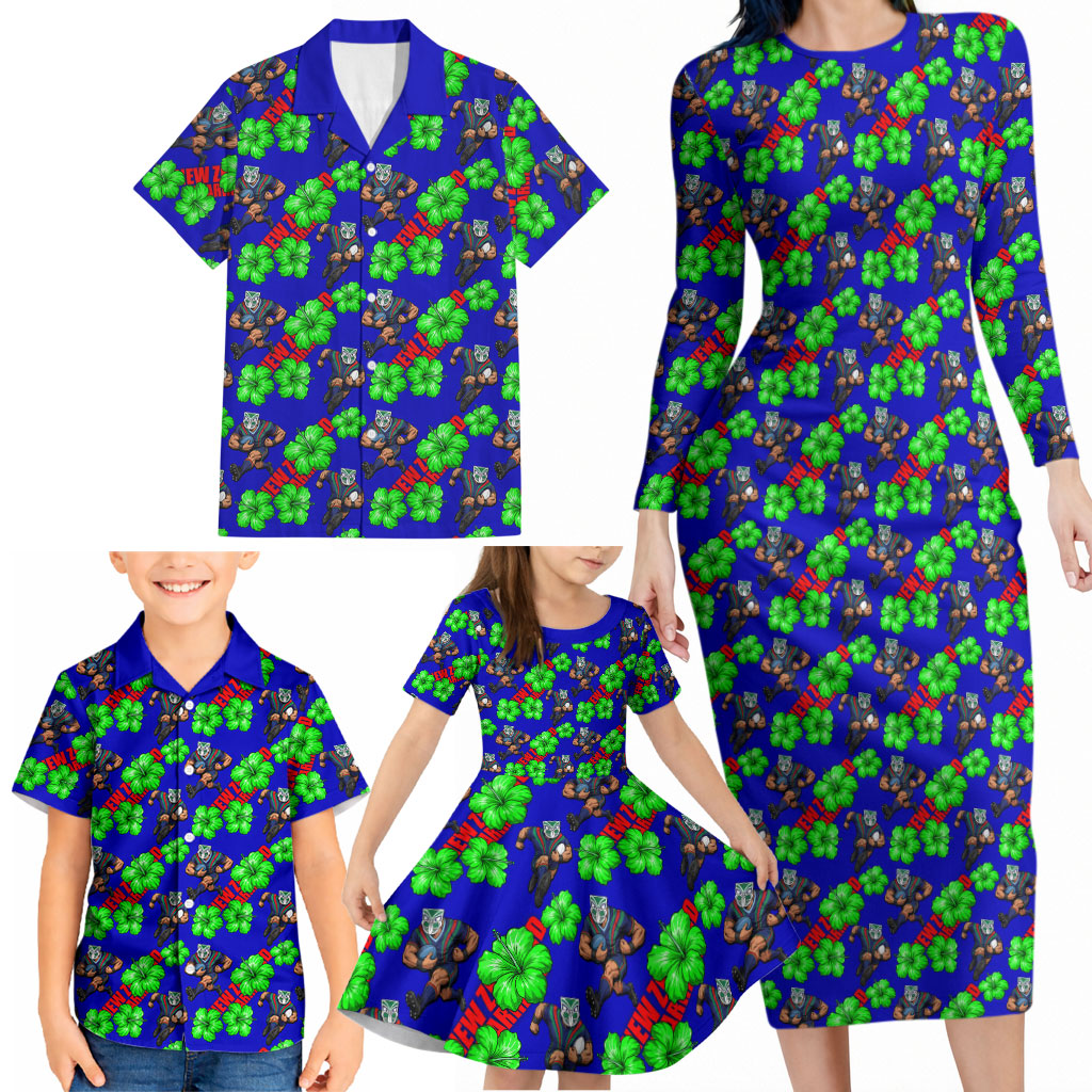New Zealand Warriors Family Matching Long Sleeve Bodycon Dress and Hawaiian Shirt Tropical Hibiscus Floral Seamless Rugby Mascot