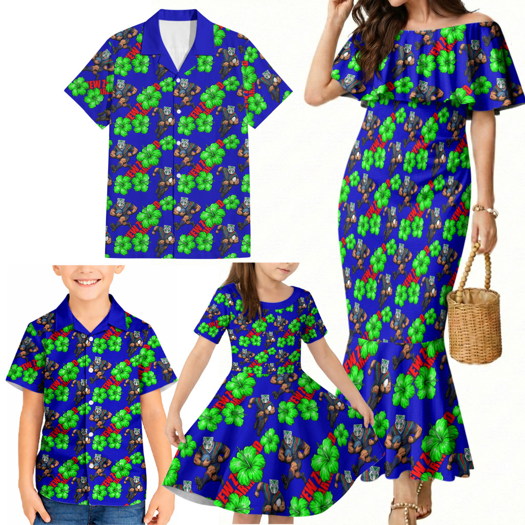 New Zealand Warriors Family Matching Mermaid Dress and Hawaiian Shirt Tropical Hibiscus Floral Seamless Rugby Mascot