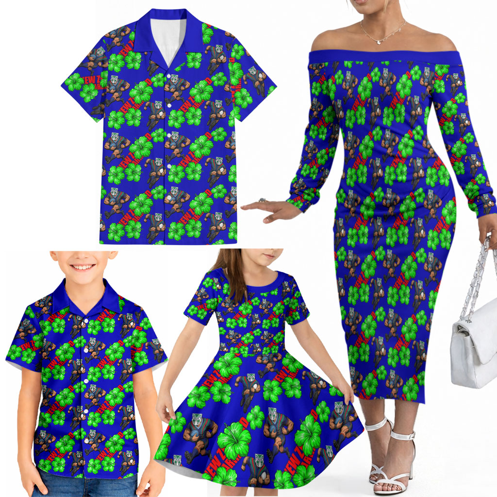 New Zealand Warriors Family Matching Off The Shoulder Long Sleeve Dress and Hawaiian Shirt Tropical Hibiscus Floral Seamless Rugby Mascot